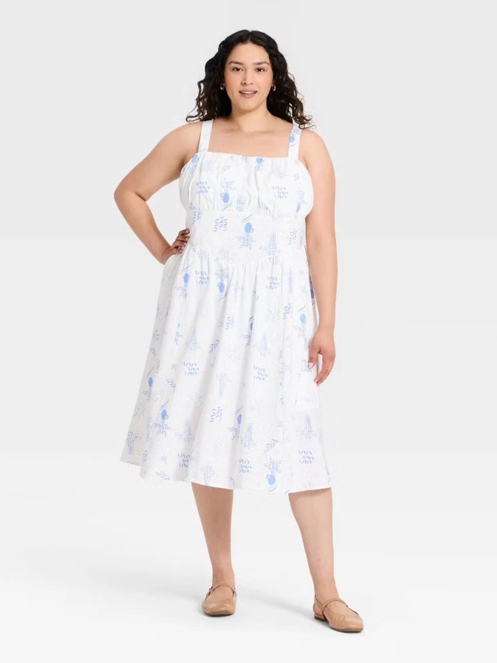 Ava & Viv White Midi Sundress with Light Blue Print